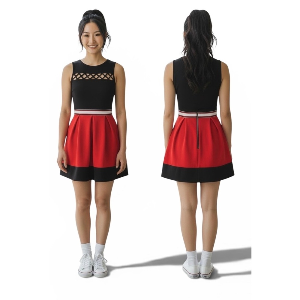 Red Black Colorblock Cutout Skater Dress Cheerleader‎ Costume Small. Halloween.
